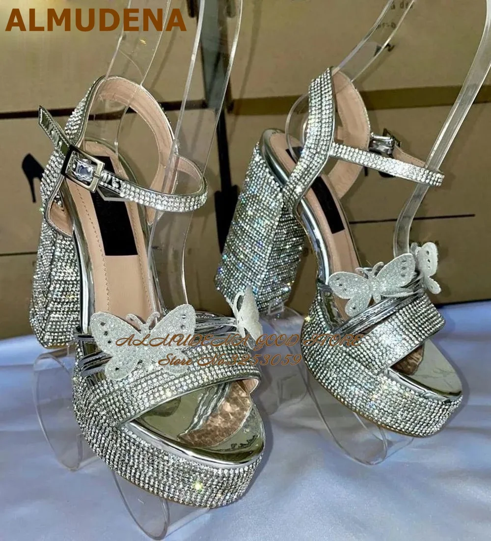 

ALMUDENA Silver Crystal Strange Chunky Heel Sandals Bling Bling Rhinestone Platform Wedding Shoes Glitter Butterfly Party Heels