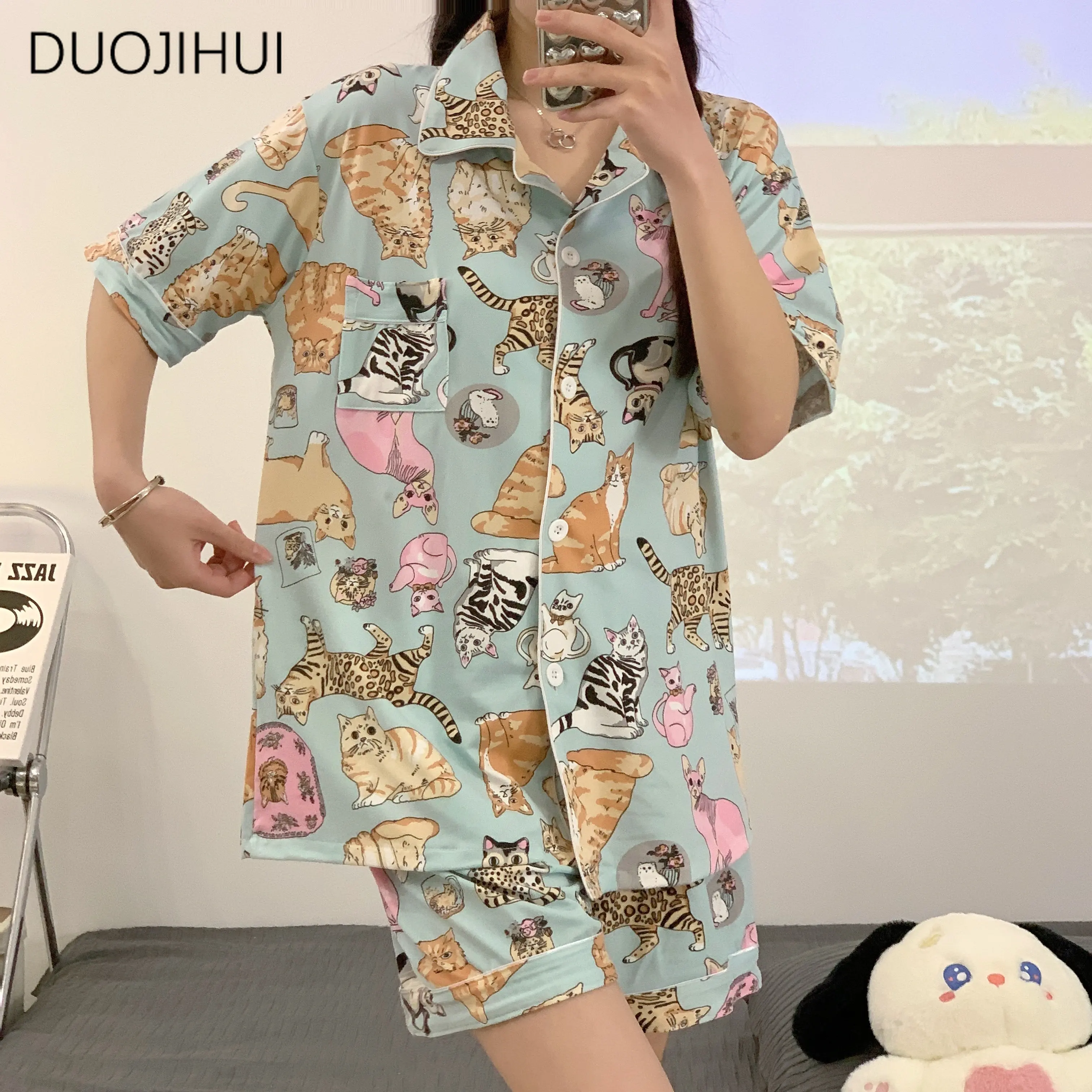 DUOJIHUI Ins Two Piece Chic Printing Female Pajamas Sets Basic Button Cardigan Simple Pant Fashion Casual Home Pajamas for Women