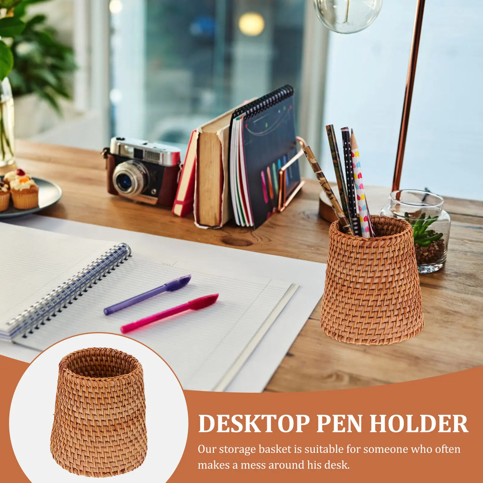 1Pcs Rattan Woven Pen Holder Compact Desktop Storage Basket Organizer for Stationery Makeup Brushes Home Decor