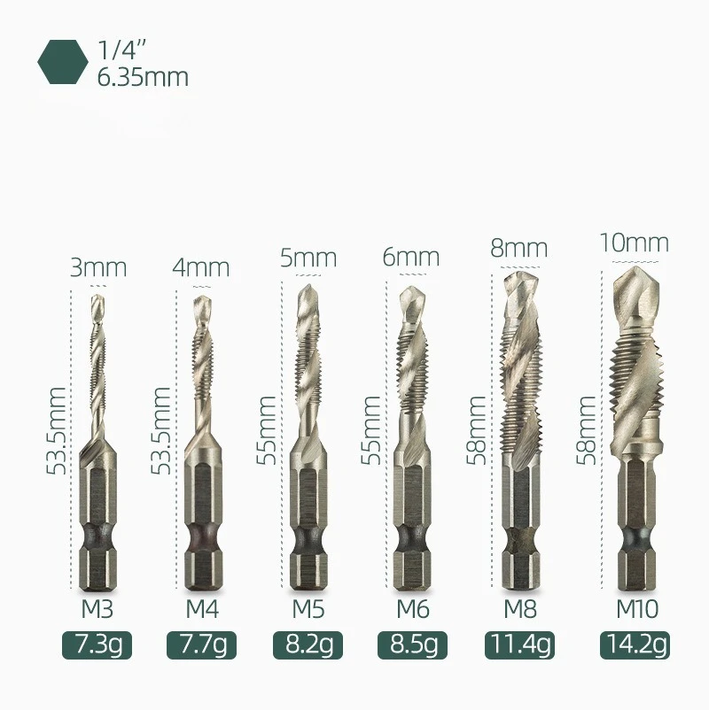 6pcs High-Speed Steel Titanium Plated Tap Drill And Tap Integrated Machine Tool Set Composite Open Chamfer for Precision Machini