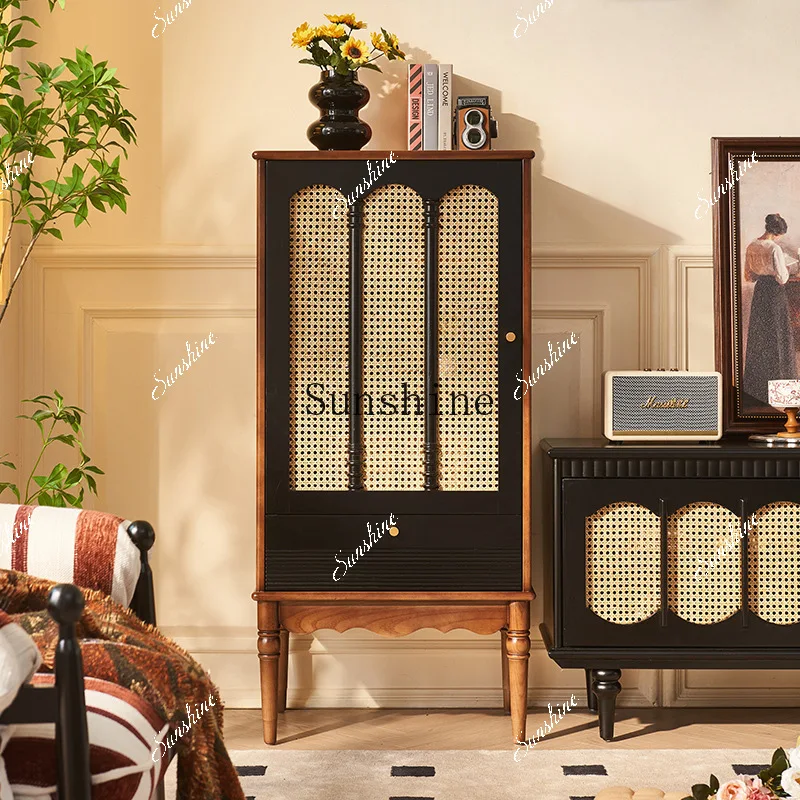 

French solid wood tall rattan display cabinet living room wall storage cabinet with drawers FT