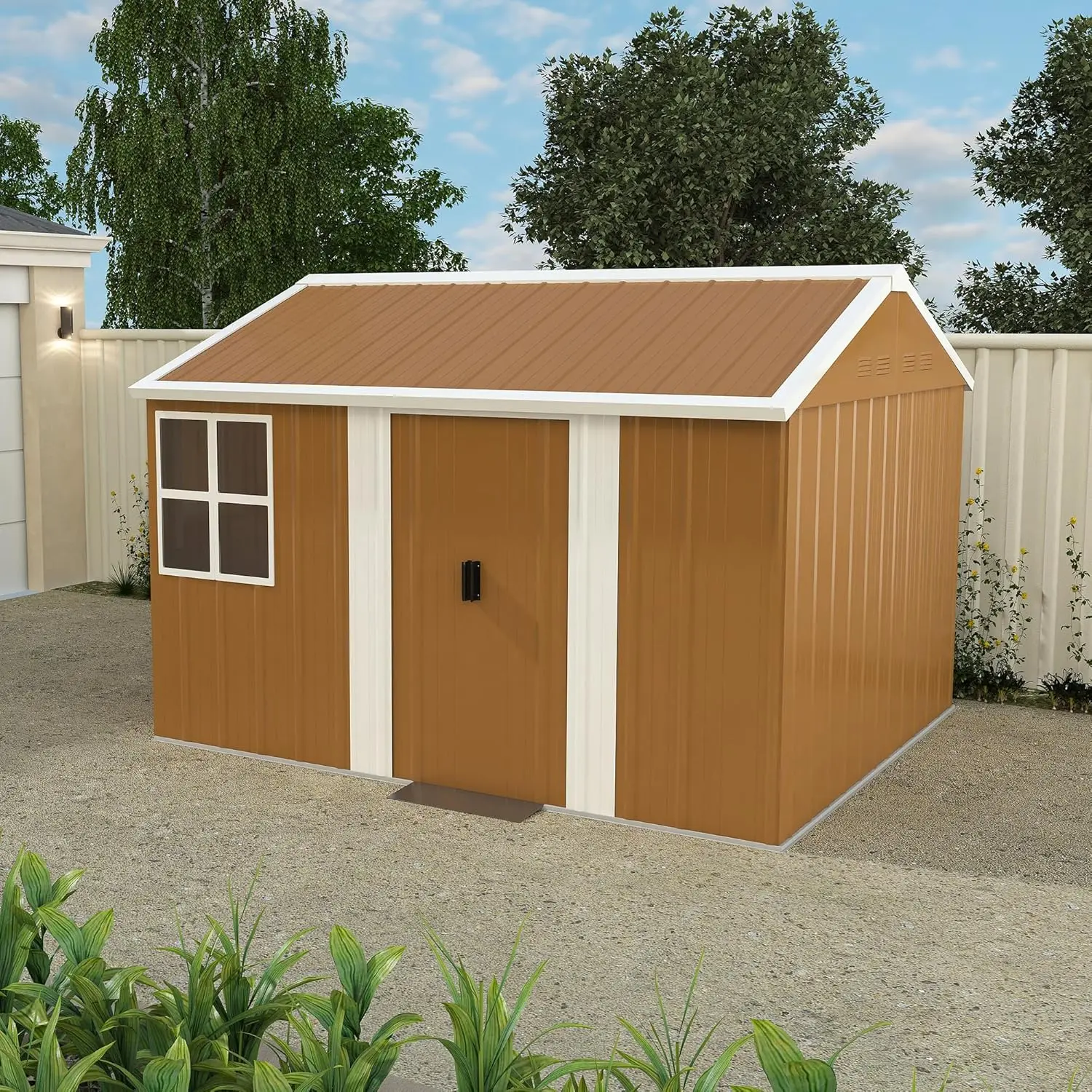 

10x8 FT Outdoor Steel Storage Shed with Clear Windows, Sliding Lockable Door & Ventilation, Brown and White Weather-Resistant Me