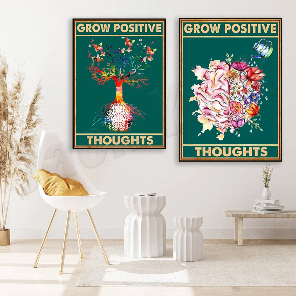 Brain growth positive thinking canvas poster, female mental health awareness retro poster, mental health issues retro poster