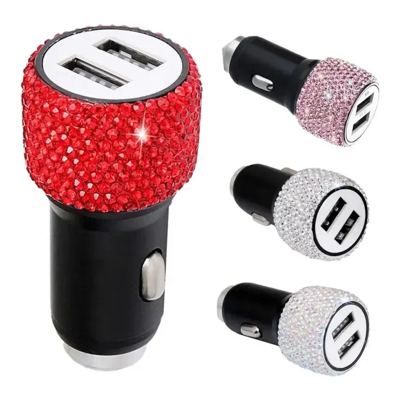 Car Charger Dual USB Diamond Inlaid Phone Safety Hammer Charger Fast Charging Car Phone Charger Car Decorations