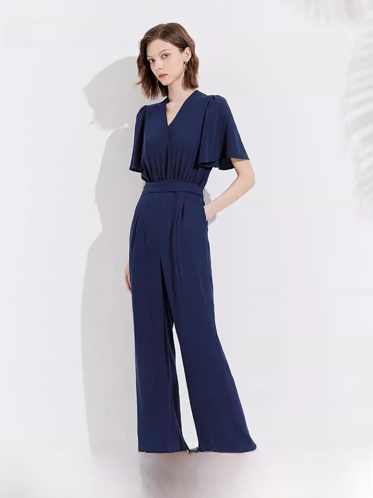 

Модный повседневный свободный комбинезон Meeetro с V-образным вырезом, летняя новинка, женские брюки с высокой талией, длинные, из полиэфирного волокна