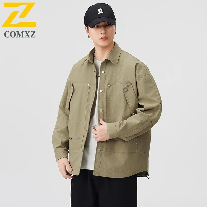 

COMXZ Men Jackets Turndown Collar Outdoor Riding Lightweight Windbreaker Trendy Single Breasted Design Windproof Autumn Coat