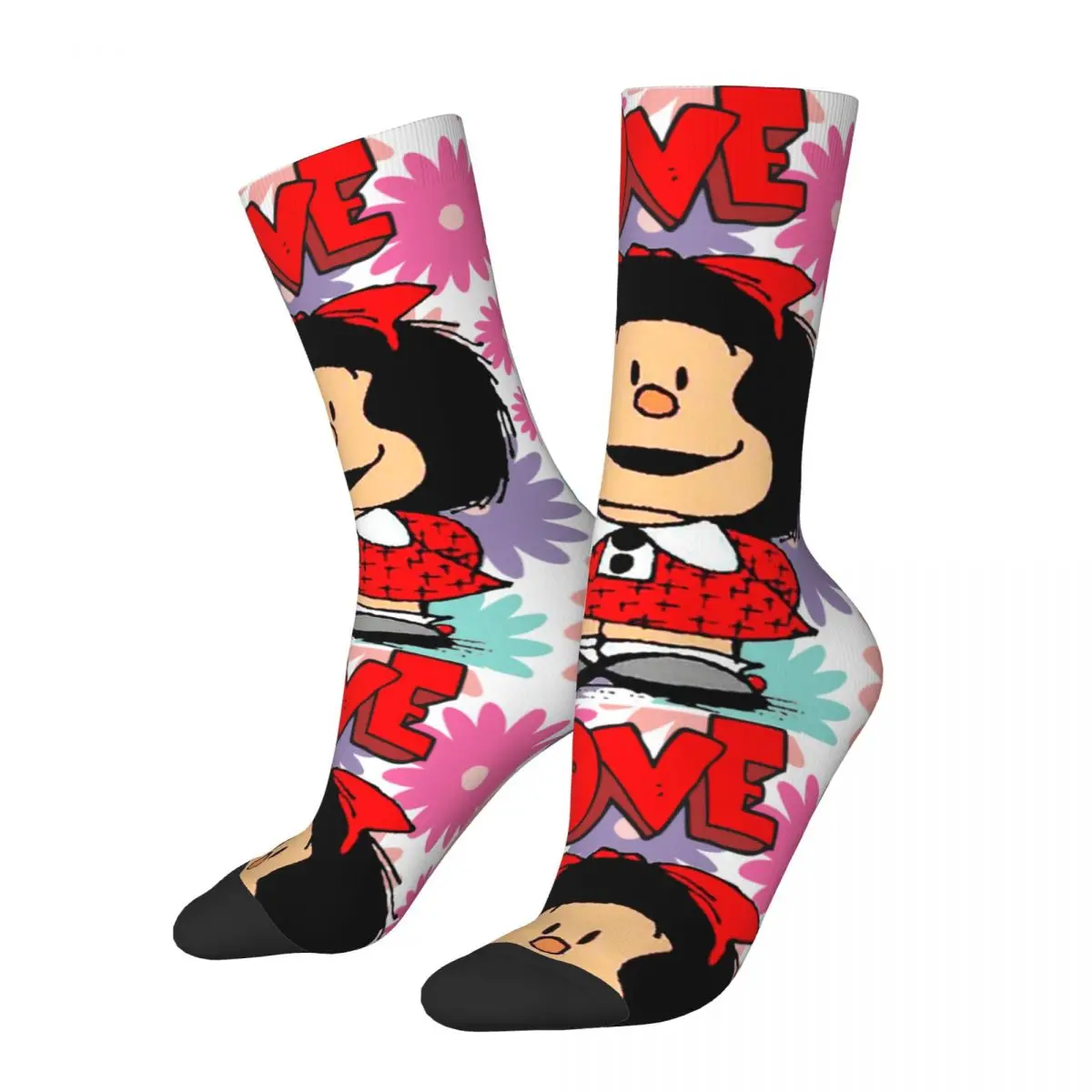 Fashion Love Mafalda Flowers Skateboard Socks Cartoon Polyester Long Socks for Unisex