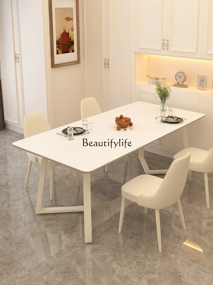 

Stone Plate Dining Tables and Chairs Set Cream Style Pure White Rectangular Rice Table