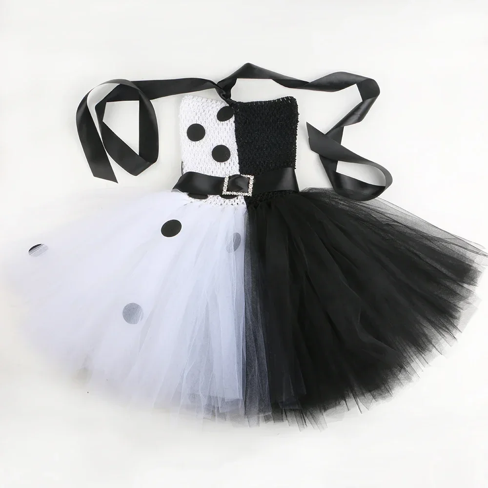 

Cruella De Vil Tutu Dress Girls Dalmatians Black White Witch Cosplay Halloween Costume Fancy Carnival Party Clothes Outfit