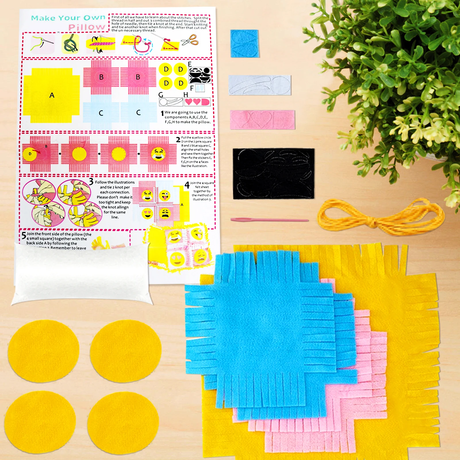 Knotted Pillow DIY Sewing Fabrics Crafts Felt Supplies Kits Sets Gifts for Kids for Adults for Boy Teenager for Girls