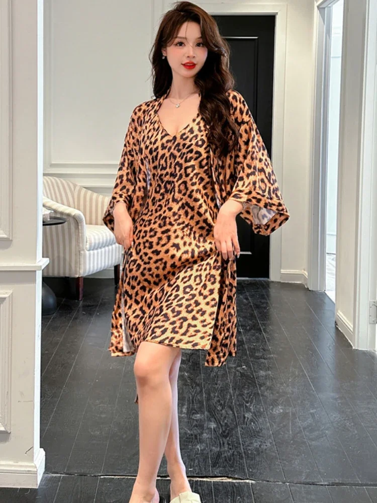 Leopard Robe Gown Sets Women Sexy Sleepwear Casual Silk Thin All-match Elegant Home French Style Breathable Nighty for Ladies