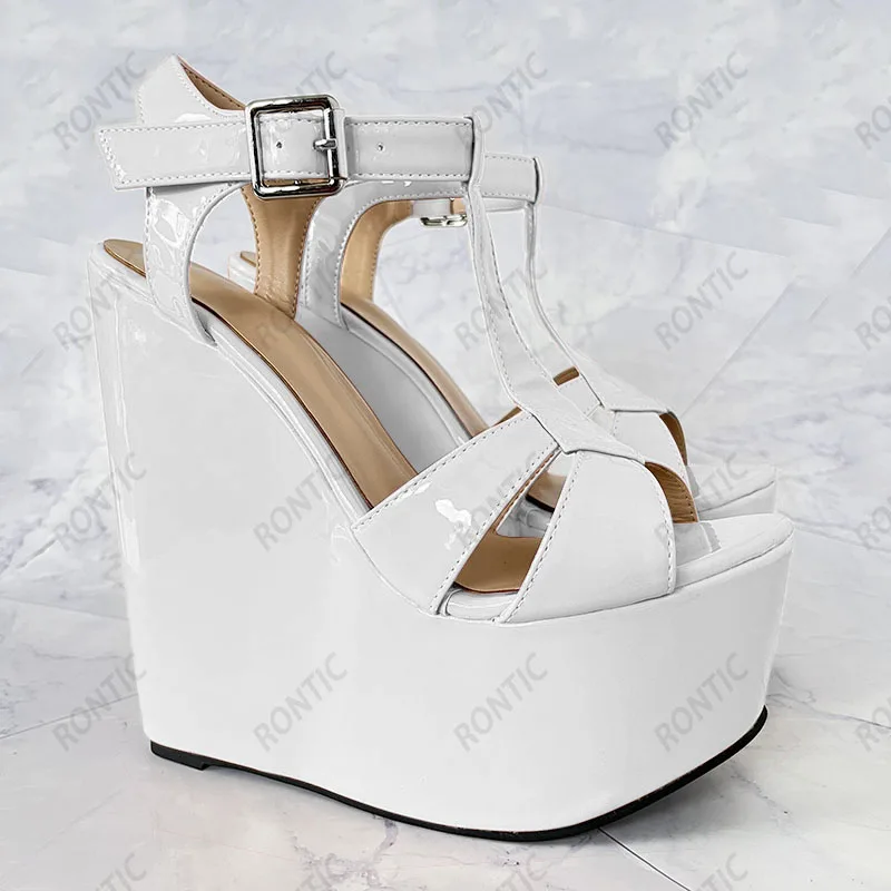 Rontic New Women Summer Platform T-strap Sandals Wedges High Heels Round Toe Beautiful Beige White Party Shoes US Plus Size 5-15