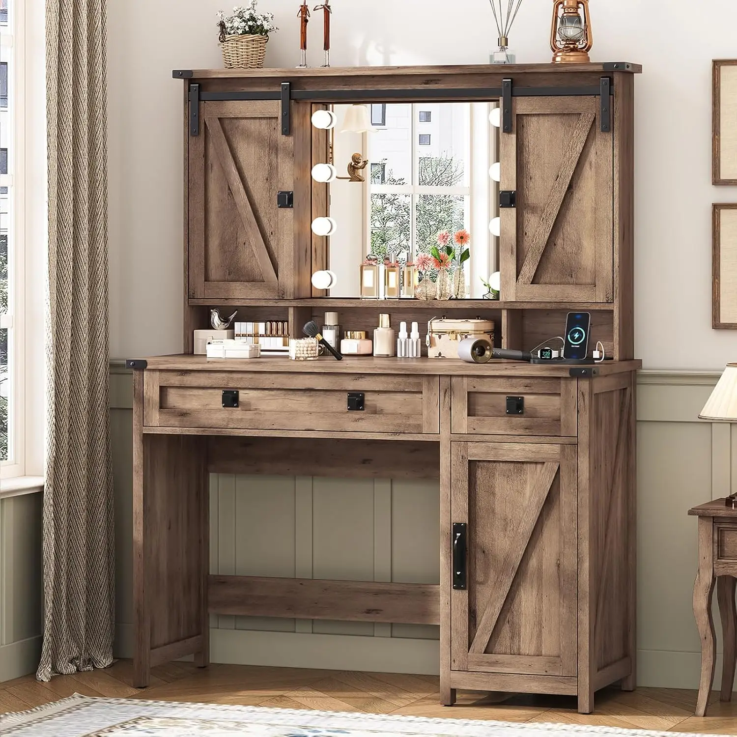 Farmhouse Bedroom Vanity Desk in Rustic Oak, with Sliding Door, Charging Station and Ample Storage