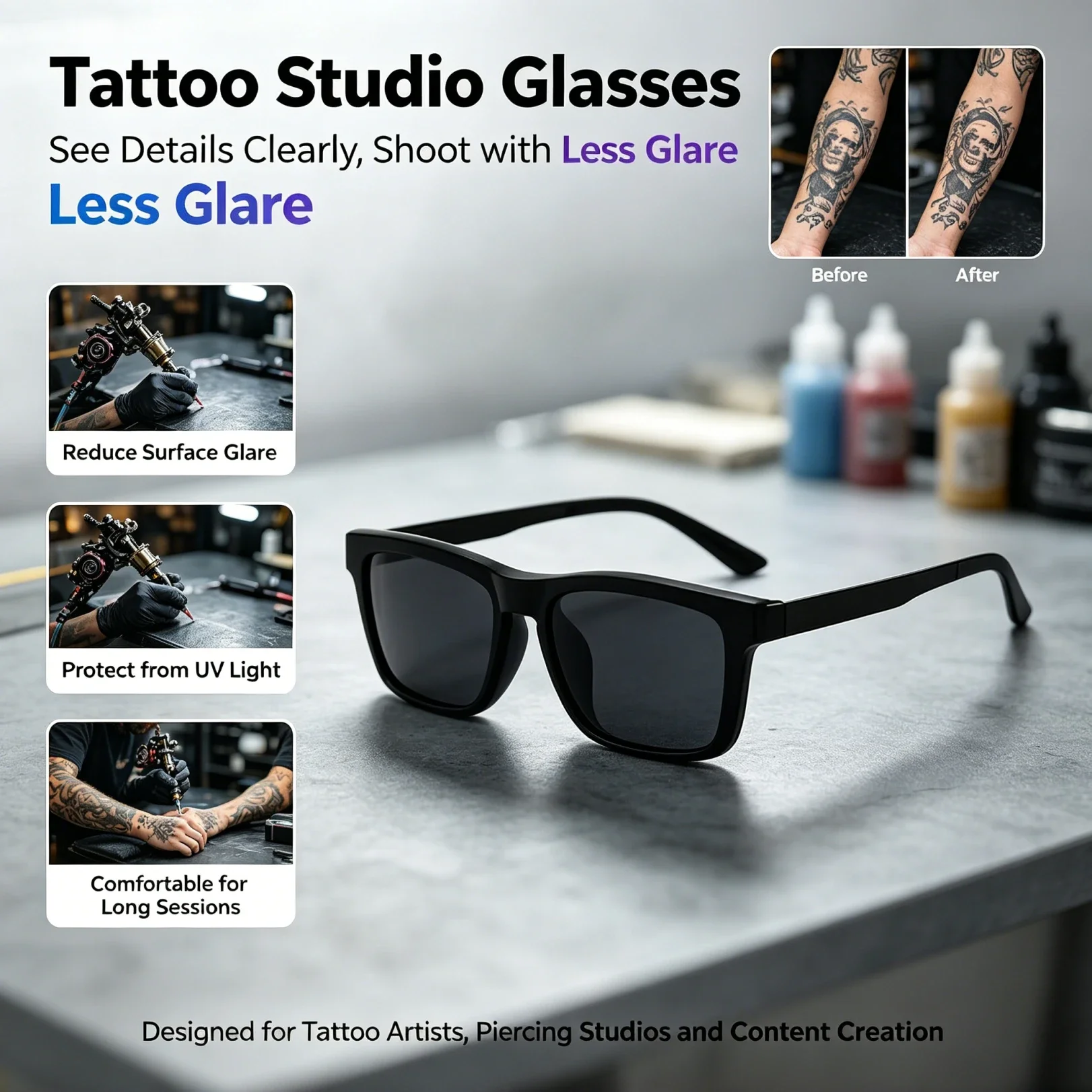 Magnetic Tattoo Goggles Tattoo Filter Eye Protection Glasses Seamless Fit Polarized Glasses for Tattoo/Makeup Studios Daily Use