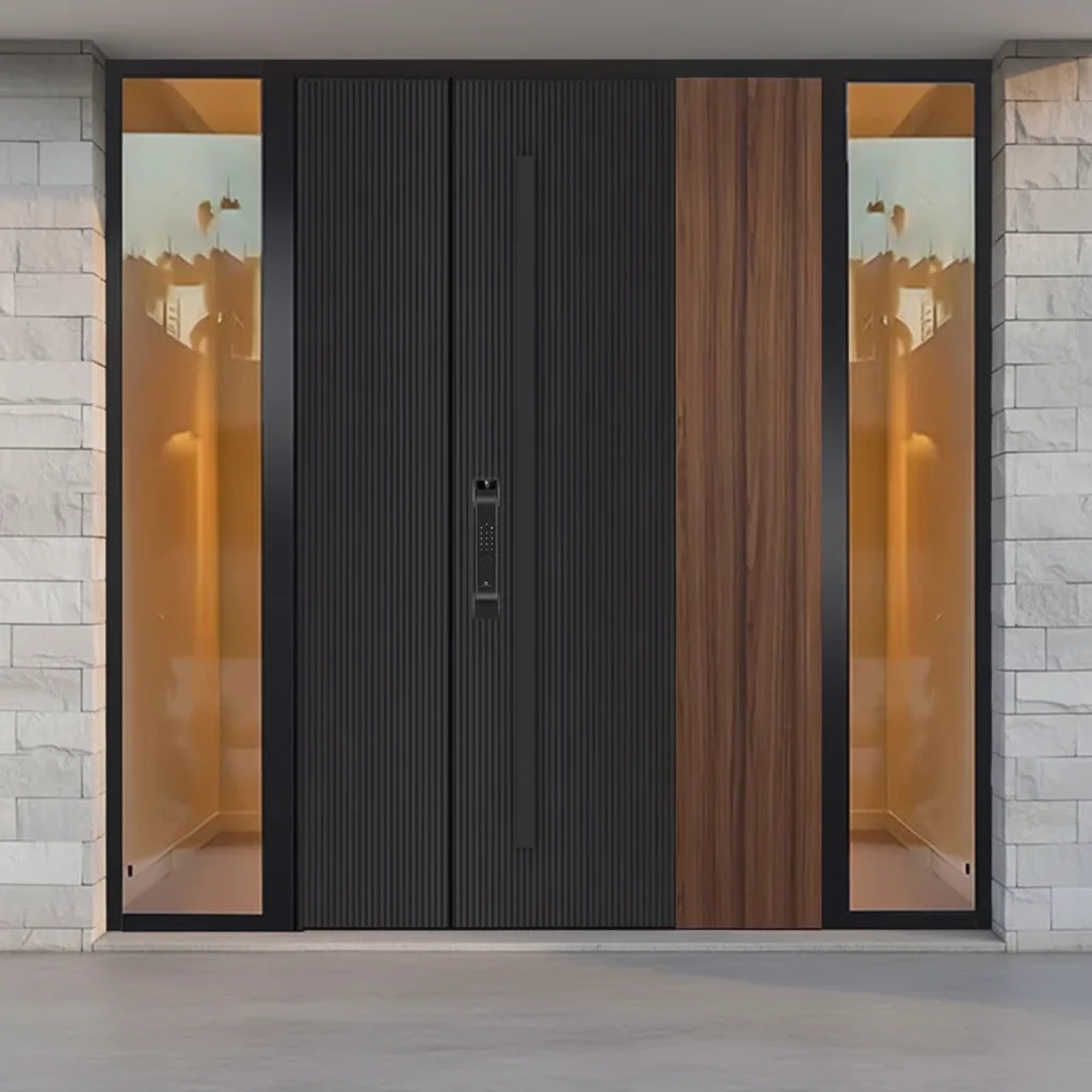 Modern Wood Grain Villa Gate Double Door Anti-theft Entrance Door for Rural Self-built Houses with Cast Aluminum Construction