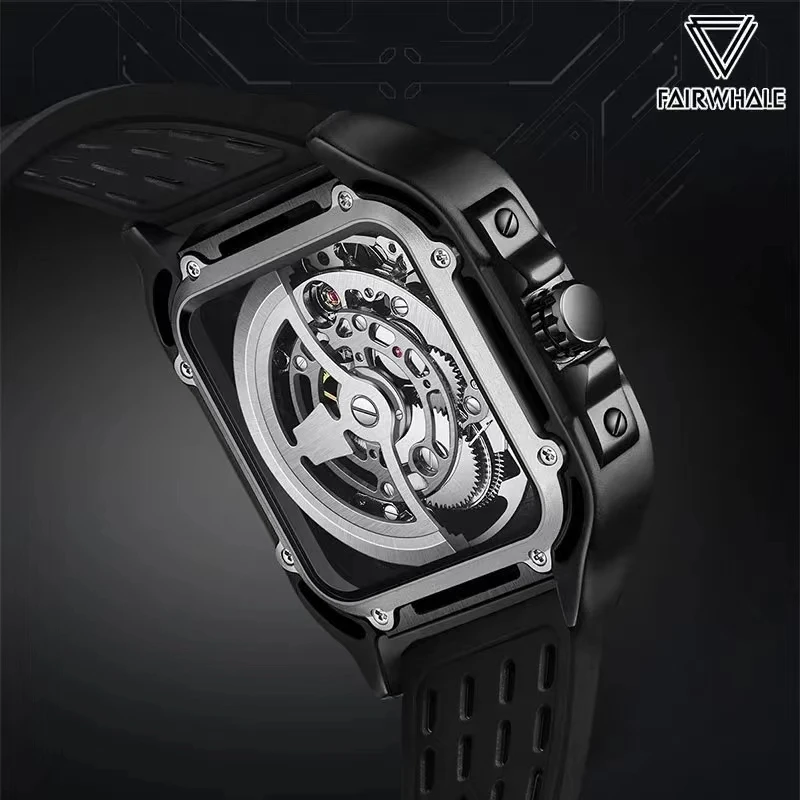 FAIRWHALE Automatic Movement Tourbillon Fashion Skeleton Square Dial Sports Waterproof Mechanical Watches for Men with Box 6530