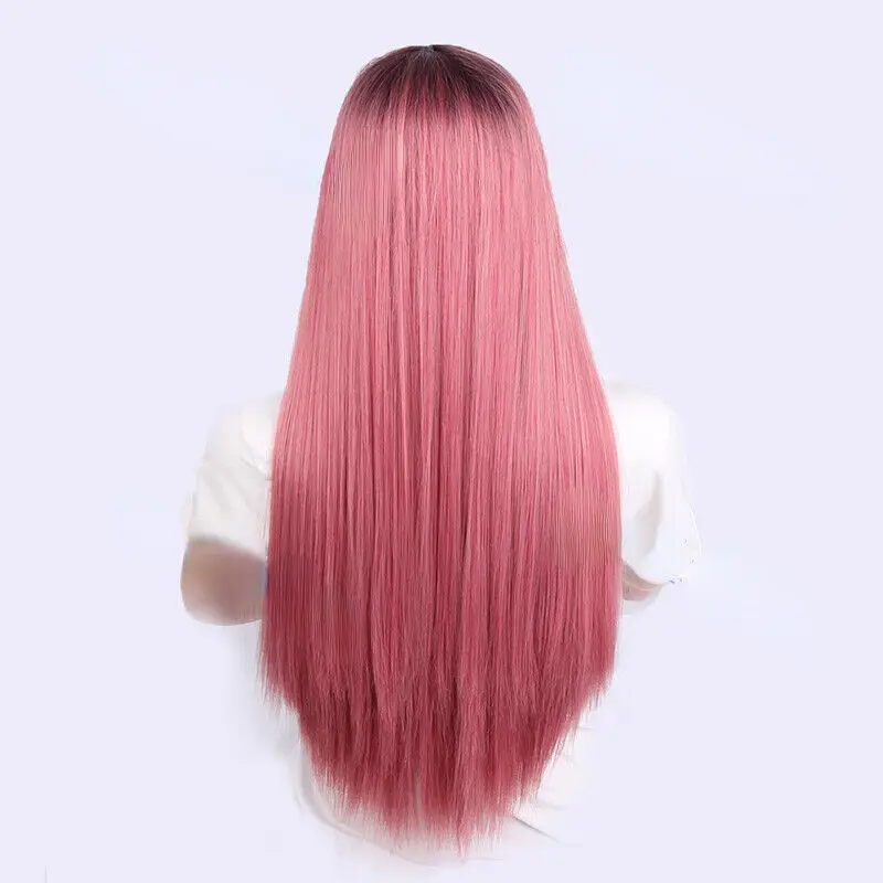 Women Long Pink Synthetic Hair Straight Wig