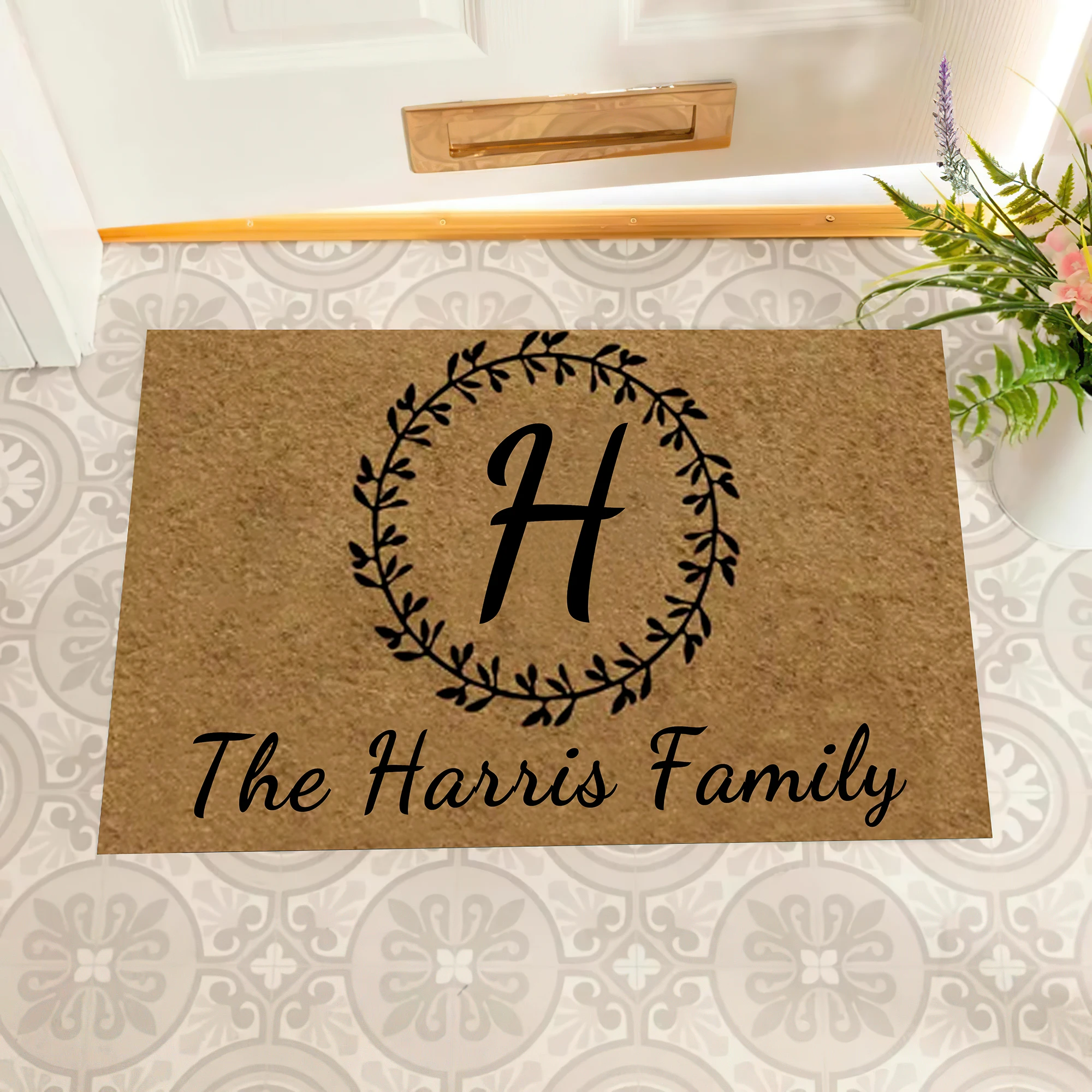 Family Name Custom Doormat Initial Leaf Wreath Mat Non slip Rubber Backing Outdoor Entrance Floor Mat Decorative Rugs Welcome