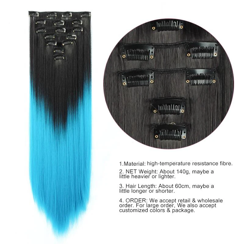 Linwan Synthetic Long Straight Hair 16 Clips 140G Extensions Clips in High Temperature Fiber Black Brown Ombre White Hairpiece