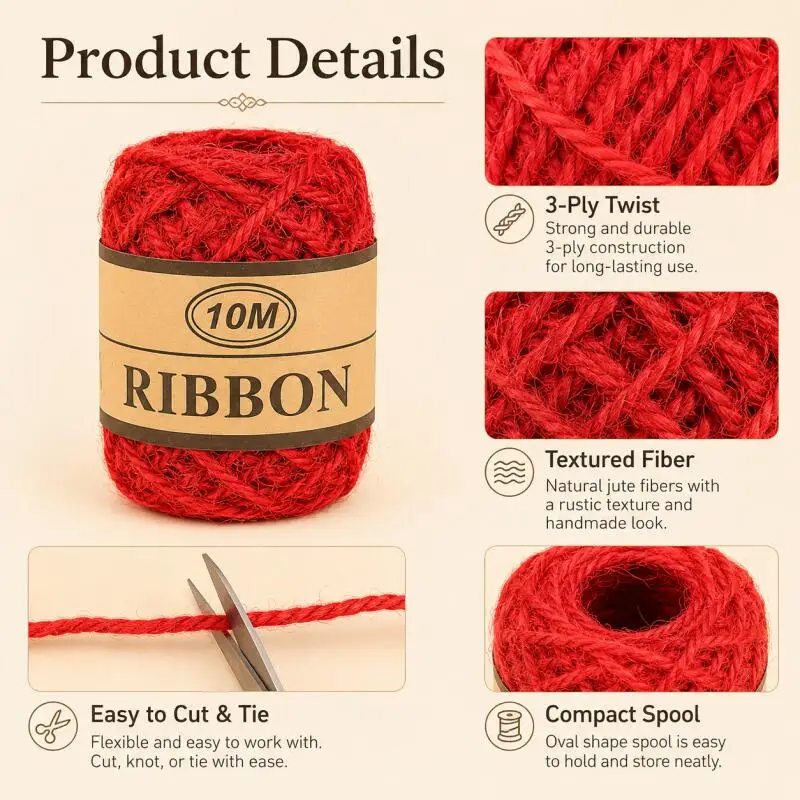 10m/Rolle farbiges Juteseil, geflochtene Jutekordel, Bastel-Juteseil, für DIY, Hochzeitsgeschenke und Dekoration. – Detail 5