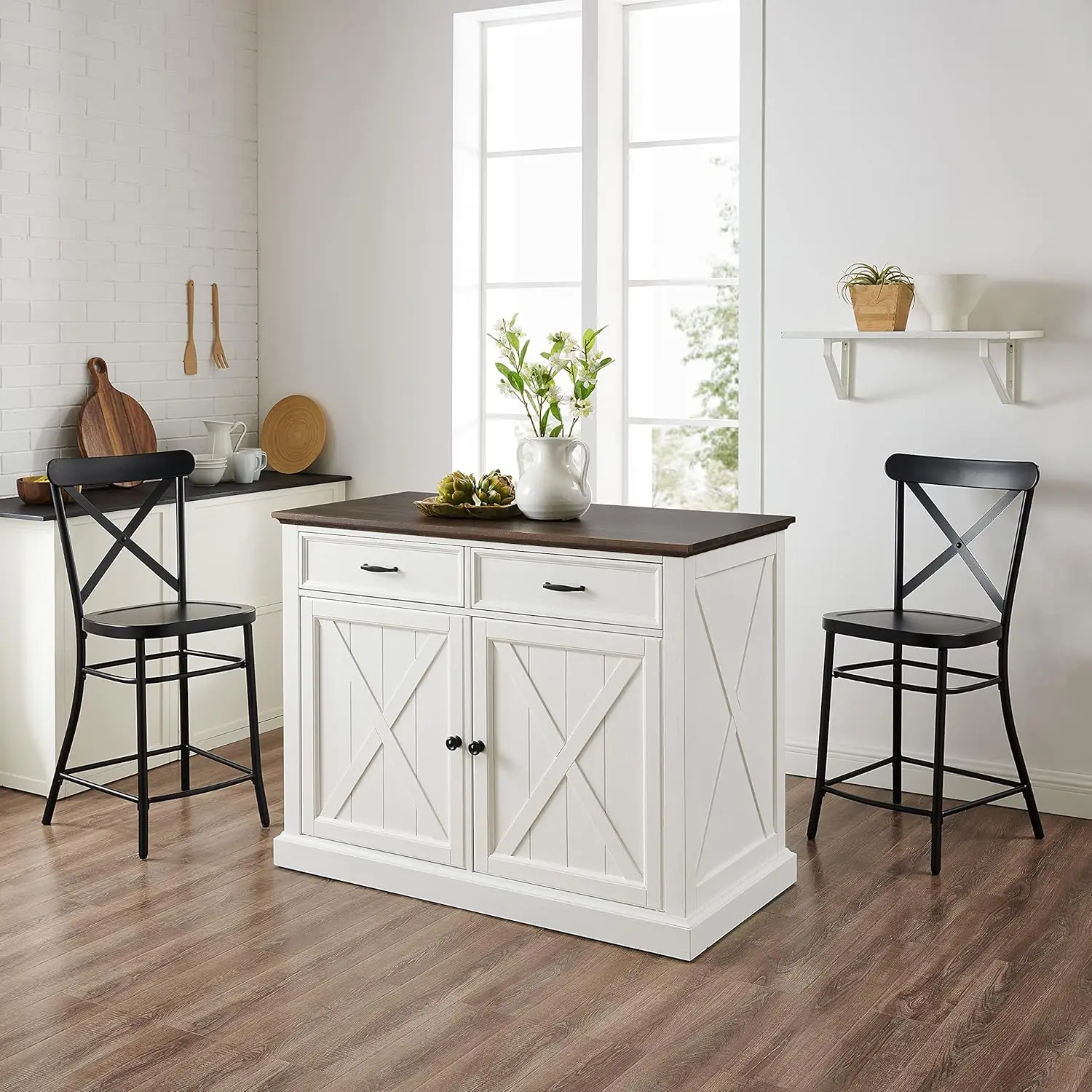 

Clifton Kitchen Island with Camille Stools, Distressed White/Black