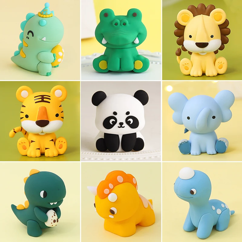 Animal Cartoon Woodland Cute Soft Rubber Ornaments Forest Jungle Safari Dinosaur Cake Topper Home Miniature Doll Car Ornaments