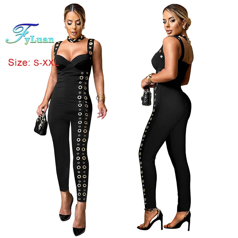 Modische Damenkleidung Sexy Träger-Jumpsuit mit Metallring-Dekoration Einfarbig Ärmellos Figurbetont Einteiler-Hose