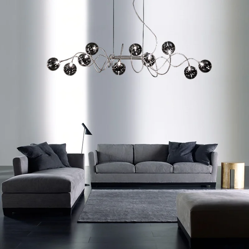 

Italian Modern Minimalist Style Smoke Gray Magic Bean Chandeliers, Glass Lustre Stainless Steel Led Lighting, Interior Decor