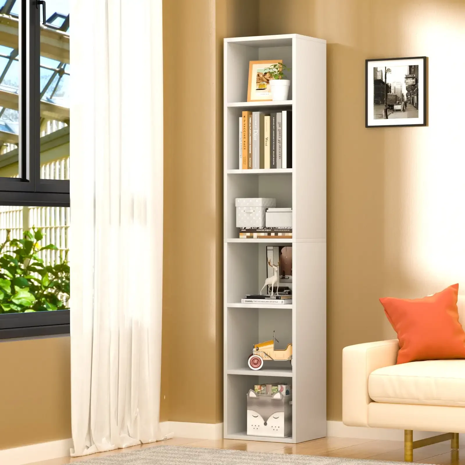 

Narrow Bookshelf, 6-Tier Cube Display Rack, Modern Corner Bookshelf with Storage Space, Storage Cabinet for Home Office