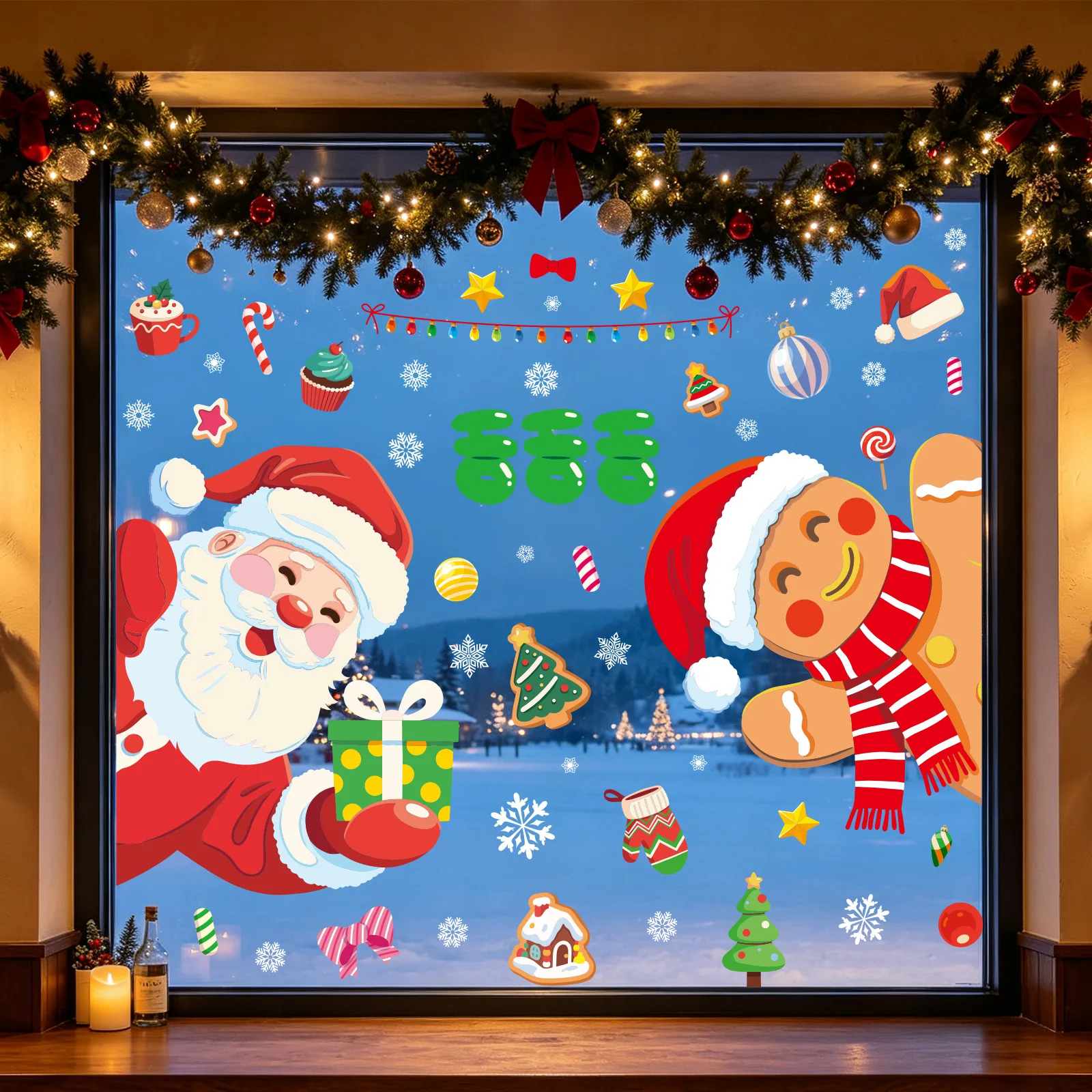 Christmas Holiday Static Glass Stickers, Creative Snowflake Gingerbread Man Dreamy Snow House Santa Claus Window sticker