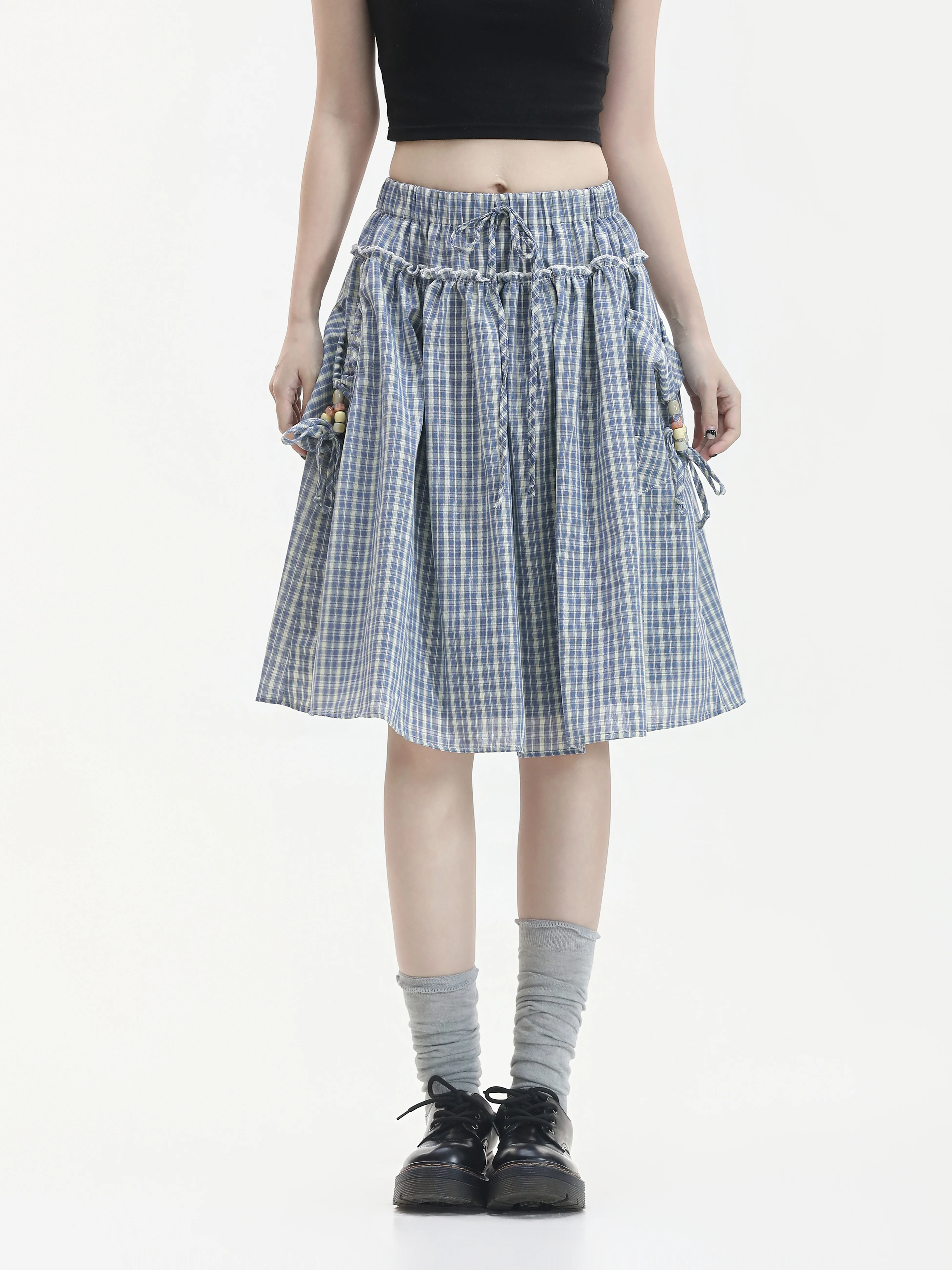 Korean Style Plaid Half Skirt Women's Vintage Wood Ear Loose Waist Umbrella Skirt with Big Pockets Casual High Waist A-Line S...