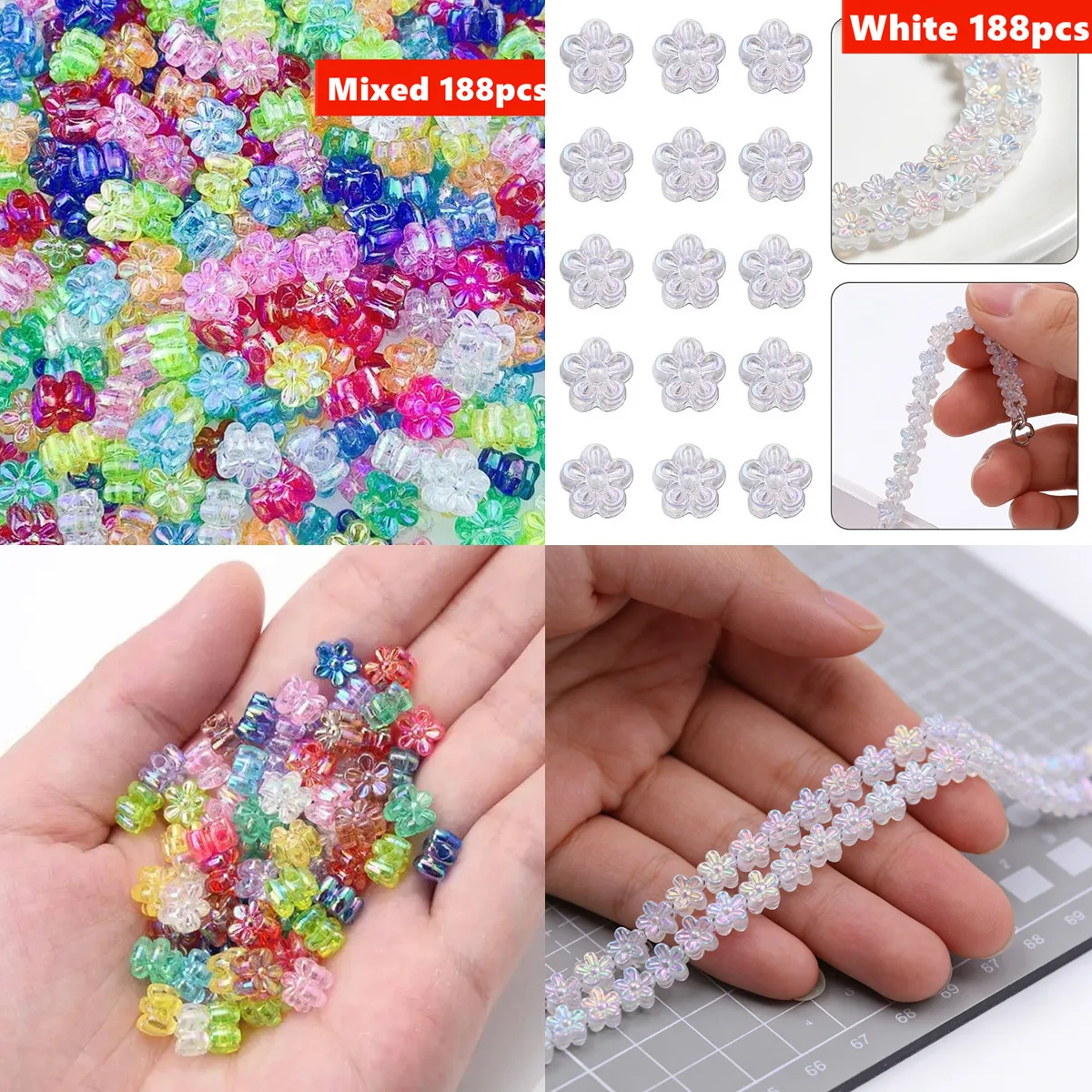 Perles décoratives en acrylique de 7mm, couleur AB, blanc Transparent et petites fleurs mélangées, perles décoratives pour bijoux, fabrication de bijoux, 188 pièces
