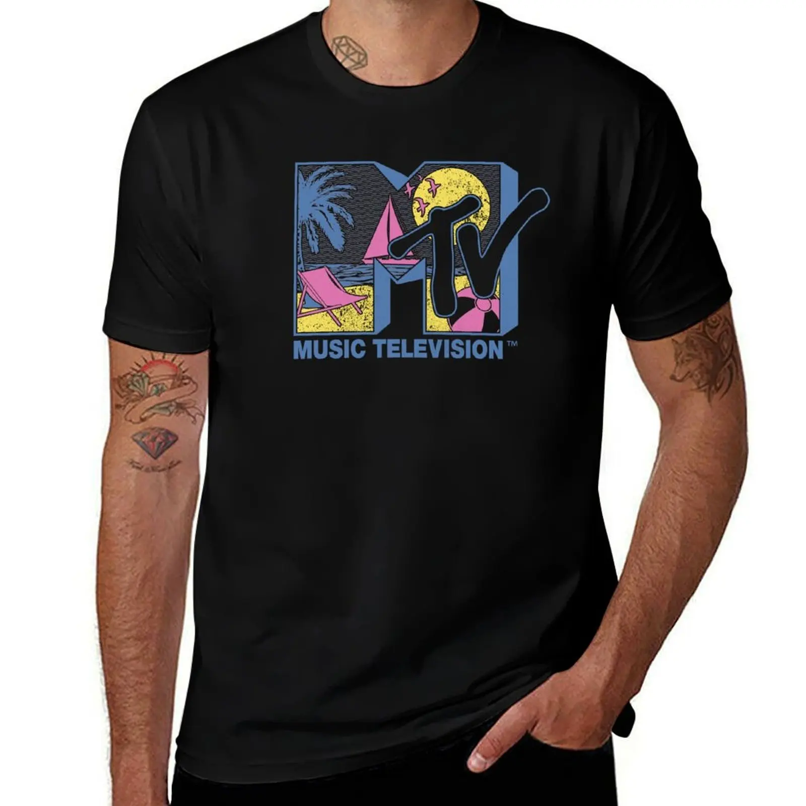 MTV Tropical Beach Neon Fill Logo T-Shirt Simple Solid Color Crew Neck Tee