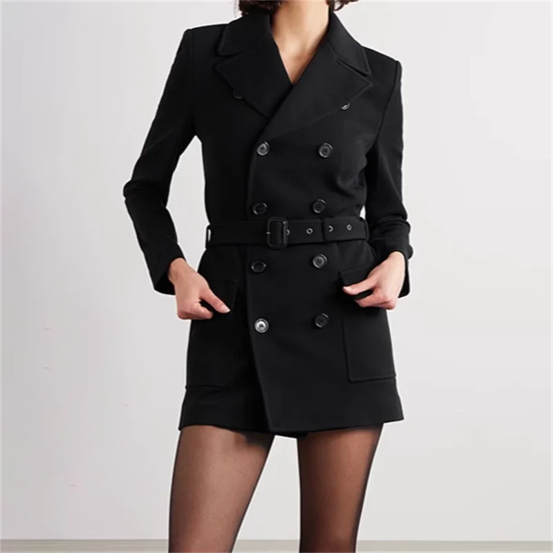 Women's jacket 2024 Autumn New Fashion Belt Decoration Medium to Long Women's suit jacket Double breasted slim fit wool Coat y2k