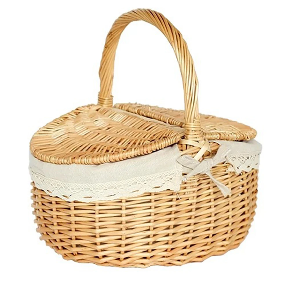 

Wicker Picnic Basket with Liner Picnic Hamper with Lid and Handle Woven Basket Vintage Storage Basket for Picnic Camping Outdoor