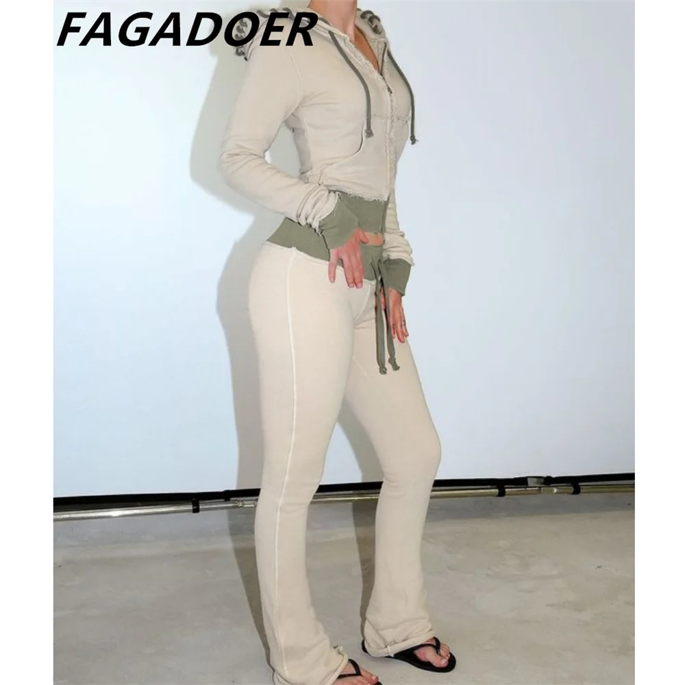 FAGADOER Autumn New Casual Sporty 2 Piece Sets Outfit Women Color Patchwork Drawstring Hoodies Jacket and Flare Pants Suits