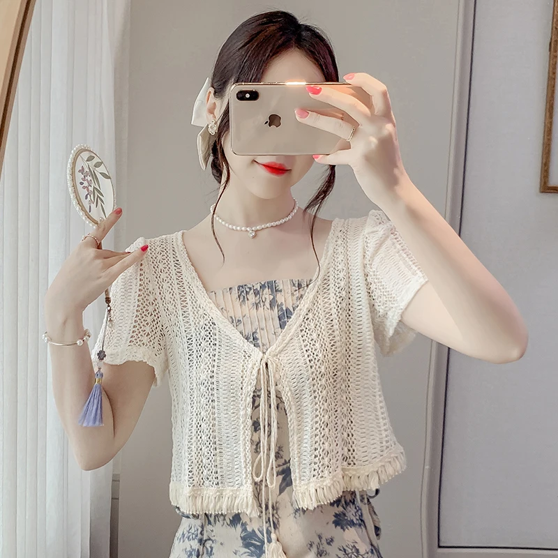 Korean Style Female Lace Shirts for Summer Short Sleeve V-neck Tassel Ribbon Short Design Women Cardigans Sweet Sunscreen Shirt