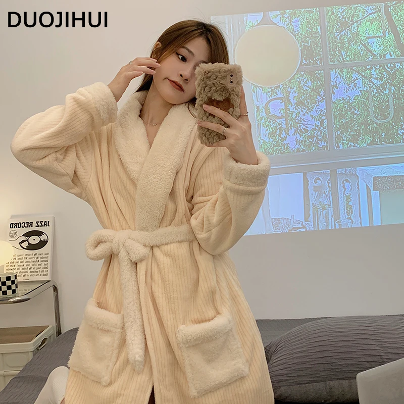 DUOJIHUI Winter New Thick Warm Flannel Loose Simple Female Nightgown Solid Color Basic V-neck Chicly Pace-up New Women Pajamas