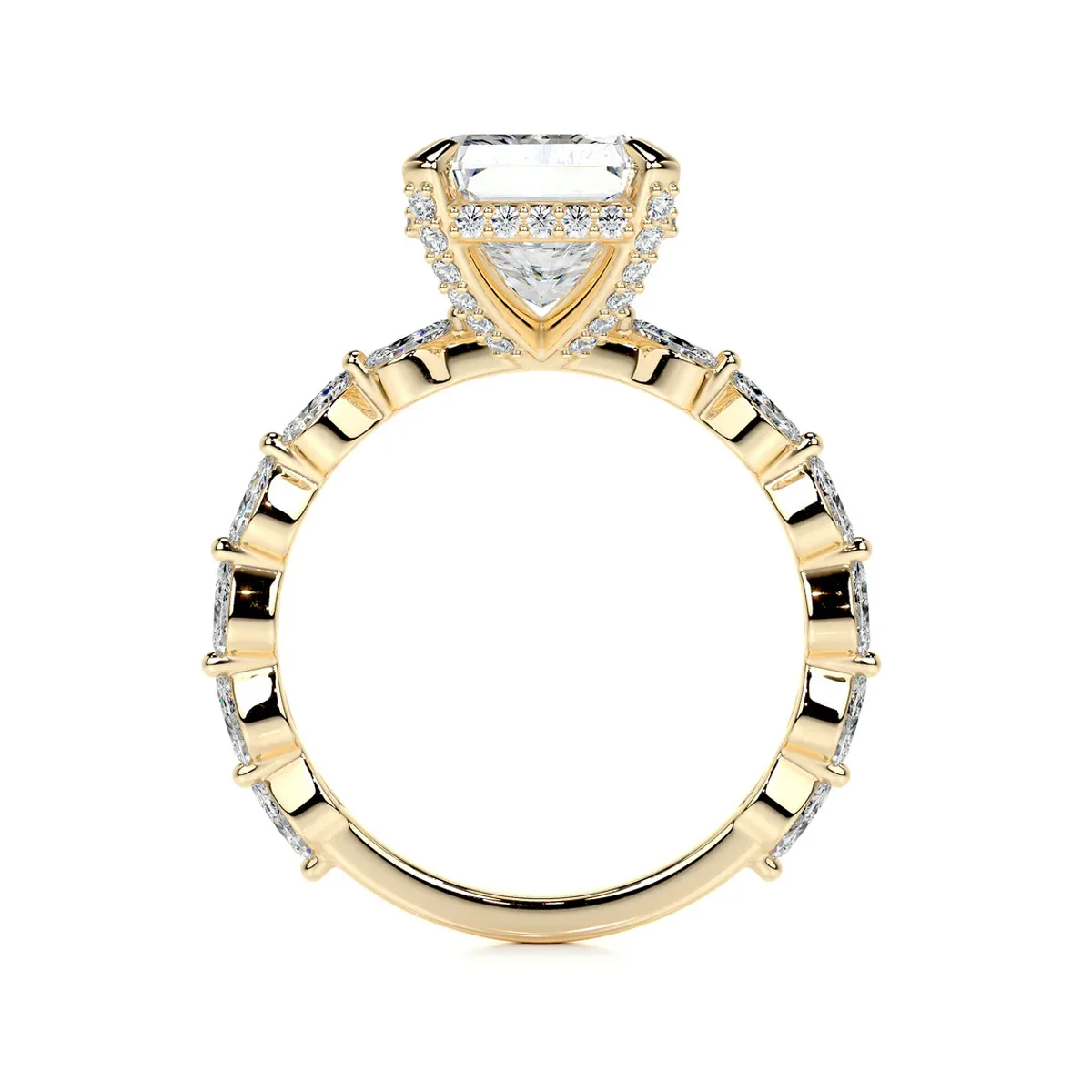 Center Radiant Lab Diamond Ring 9K/14K/18K Yellow Gold Round Diamond Halo Style Half Eternity Lab Diamond Engagement Ring