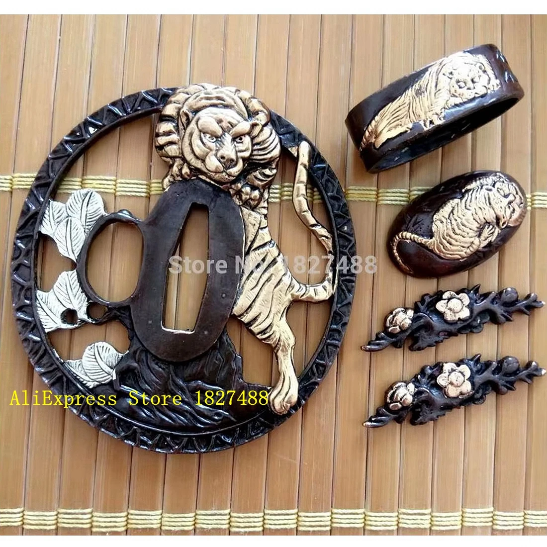 

A Set Copper Tsuba Tiger Guard Menuki Fuchi Kashira For Katana/Wakizashi/Tanto Japanese Samurai Sword Handguard Parts Fittings ﻿