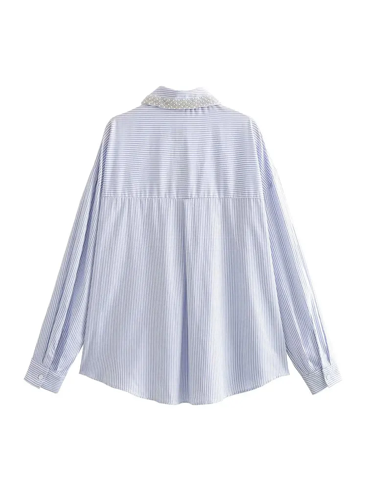 Nlzgmsj TRAF 2023 New Summer Women Versatile Lapel With Ball embellishments Long-sleeved Loose Vertical stripe Shirt Top