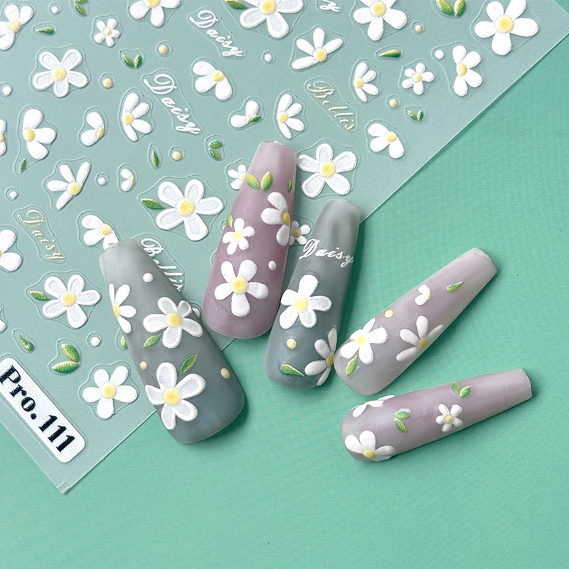 1Pc 3D White Daisy Nail Sticker Spring Cherry Flower Butterfly Insect autoadesivo Manicure decalcomania Charms fai da te