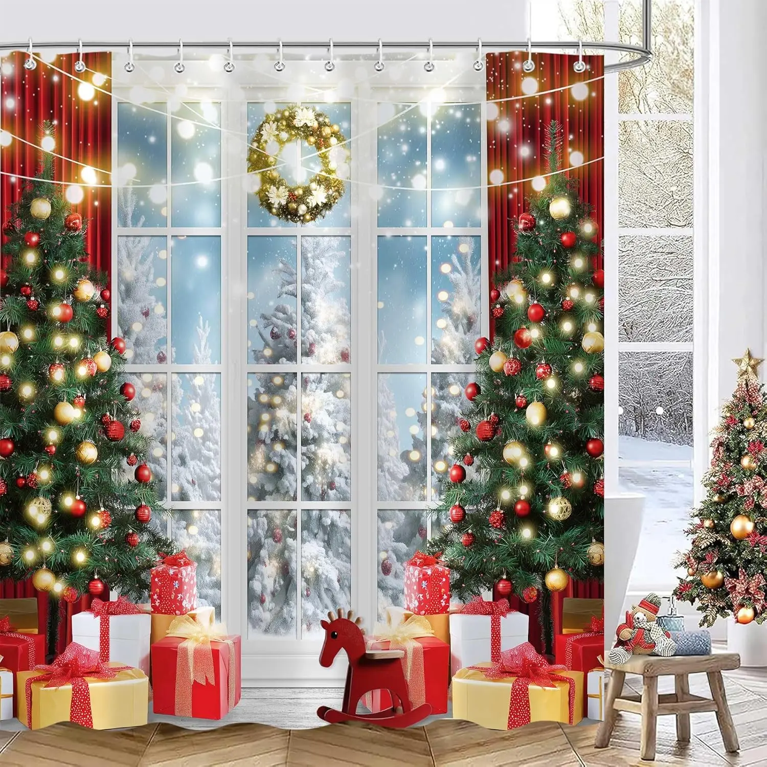 

Christmas Shower Curtain Holiday Tree Gifts Window Scene Festive Decor Lights Wreath Bath Decor Waterproof Fabric 150x210