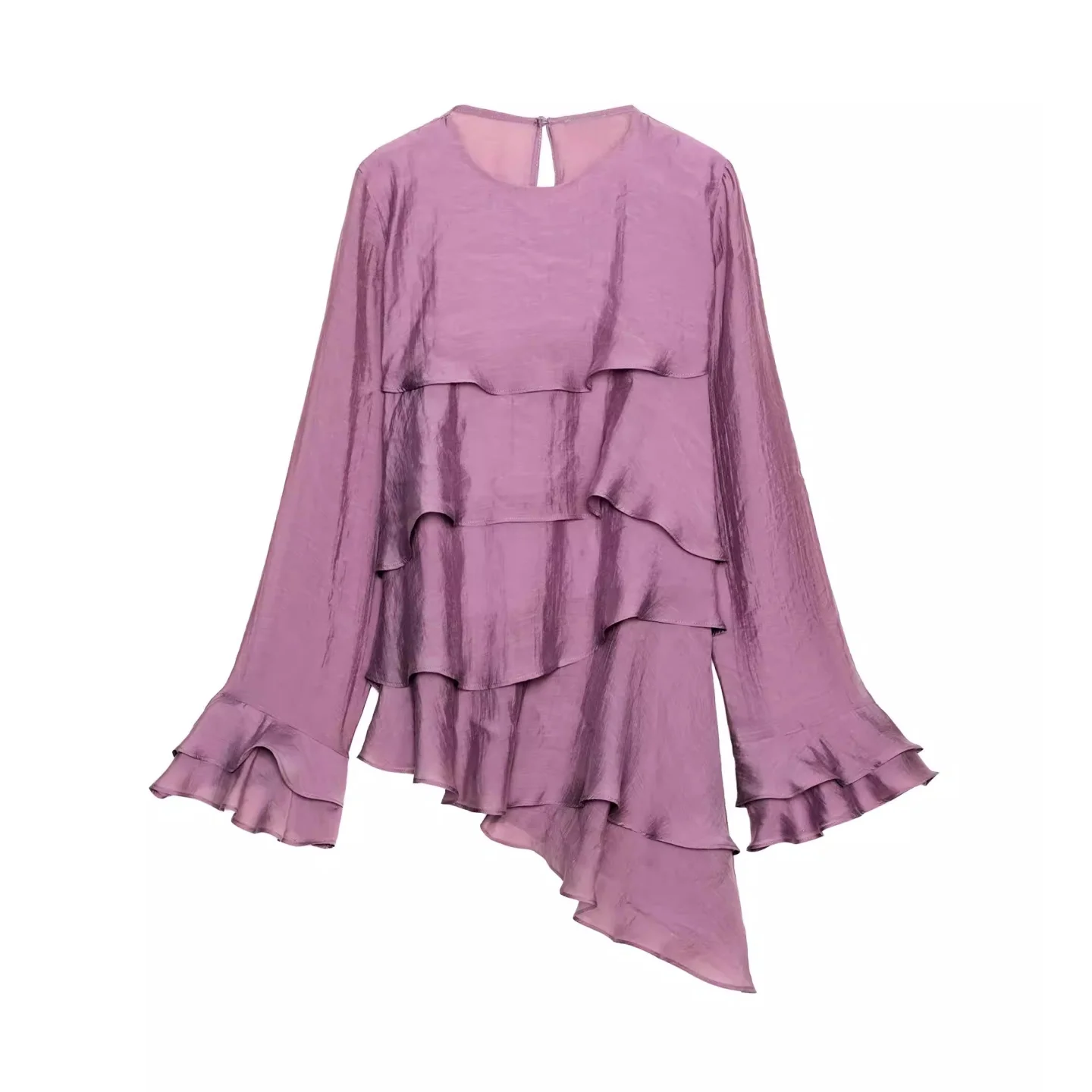 

Весна 2026: Женская блузка с длинным рукавом, круглым вырезом, декоративными слоями, асимметричным дизайном, удобная, дышащая, свободного кроя