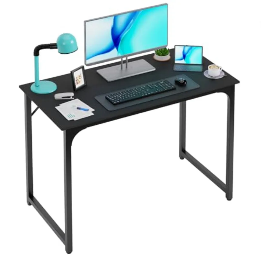 

39 Inch Computer Desk Black Office Desk with Metal Frame Adjustable Feet Water-Resistant Scratchproof Surface Sturdy Writing Ta