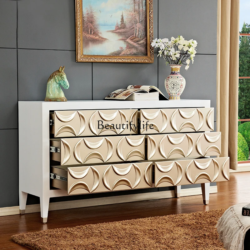 

American living room entrance cabinet design neoclassical white solid wood carving flower foyer European side cabinet