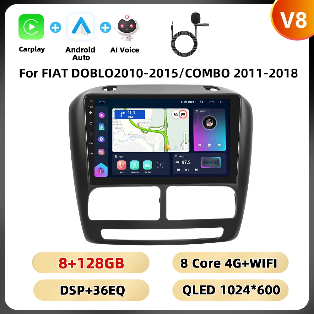 Podofo Ai Voice Autoradio Voor Fiat Doblo 2010-2015/Combo 2011-2018 Multimediaspeler 8Core Carplay Android Auto Gps Navigatie
