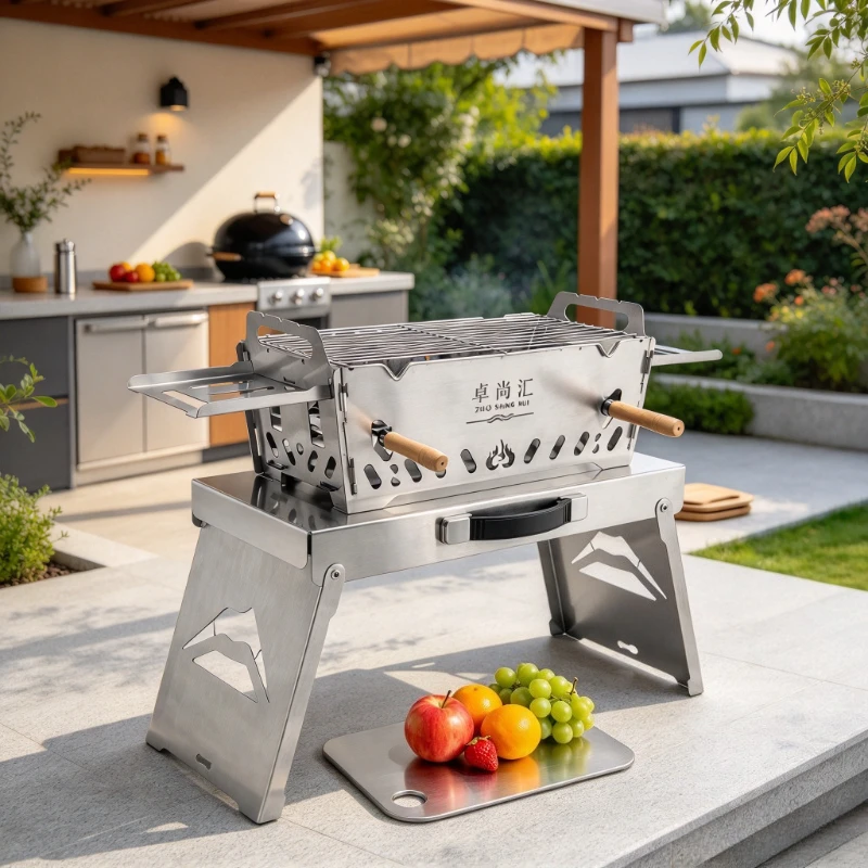 Portable Stainless Steel Camping BBQ Grill, Detachable Outdoor Barbecue Stove with Adjustable Heat, Rust-Resistant Surface