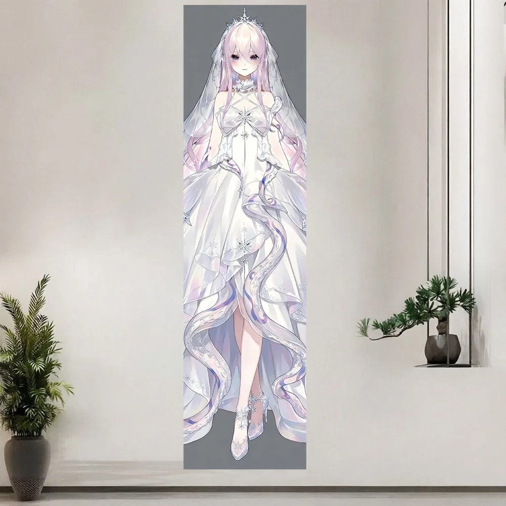 Elegant Anime Bride Girl Tapestry Pink Long Hair Wedding Dress Dorm Bedroom Aesthetic Decor Background Cloth Gift