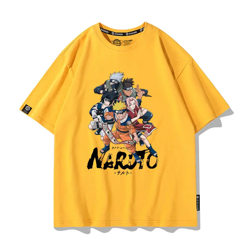 Anime Yellow Cartoon Children's T-shirt Naruto Cartoon Co Branded Printing Parent-child Outfit Cotton Fashion Short Sleeve